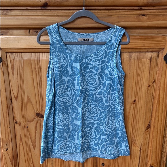 Flax Tops - Flax Tank Top Blue Floral Linen Sleeveless Women's Small